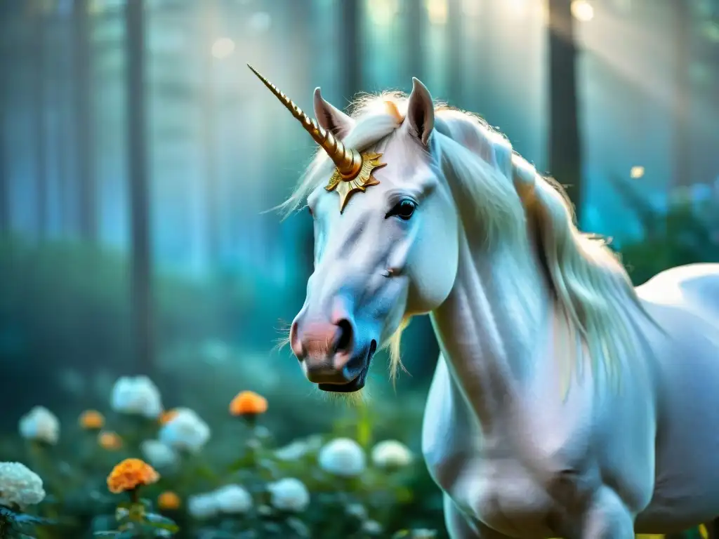 Unicornio místico en bosque encantado: imagen 8k detallada Un majestuoso unicornio con cuerno plateado en un bosque encantado, reflejando la influencia de unicornios en la cultura contemporánea