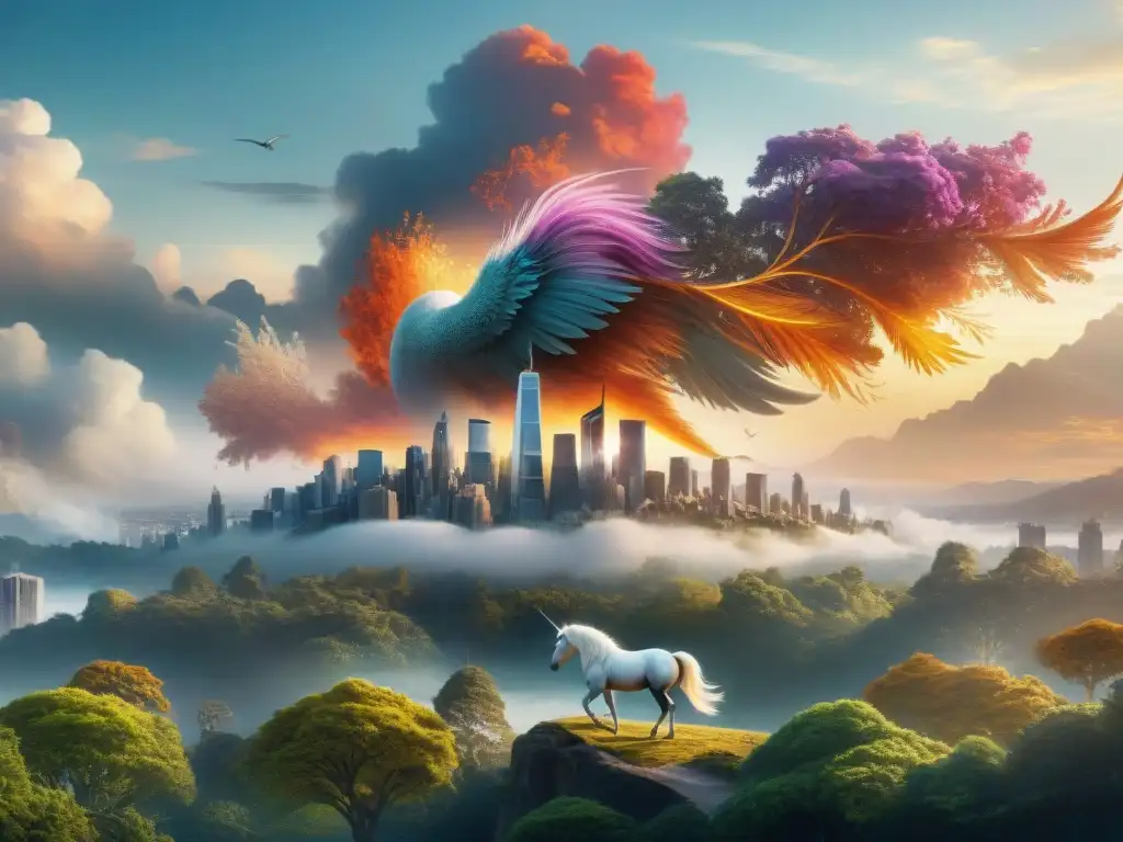 Metrópolis mística: unicornio y fénix en la fusión urbana-forestal Un majestuoso unicornio y un fénix sobrevuelan una ciudad fusionada con un bosque ancestral en una atmósfera de realidad aumentada en mitología