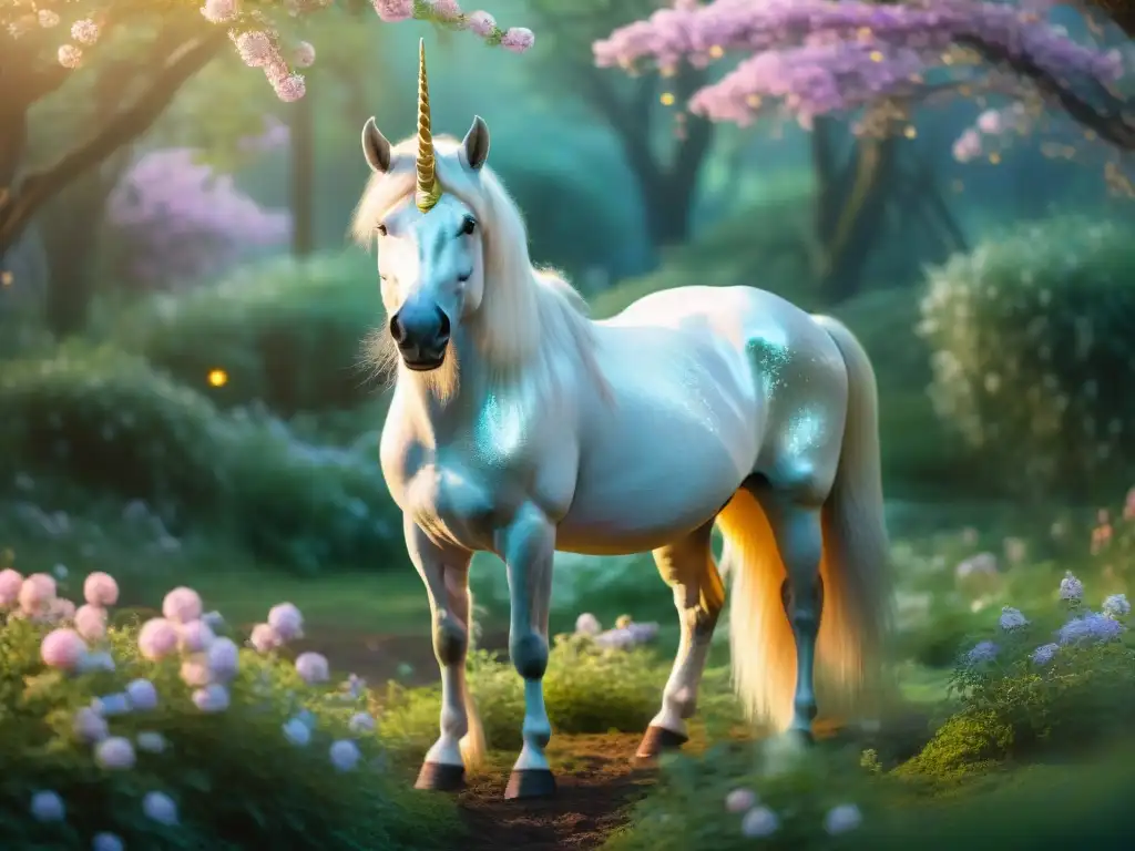 Unicornio mágico en bosque encantado Un majestuoso unicornio con pelaje iridiscente en un bosque encantado, rodeado de flores y luciérnagas
