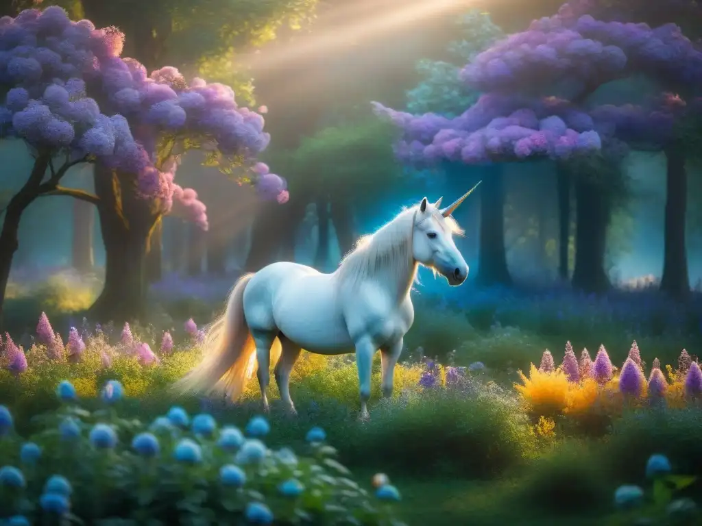 Un majestuoso unicornio plateado rodeado de flores iridiscentes en un claro mágico del bosque al atardecer