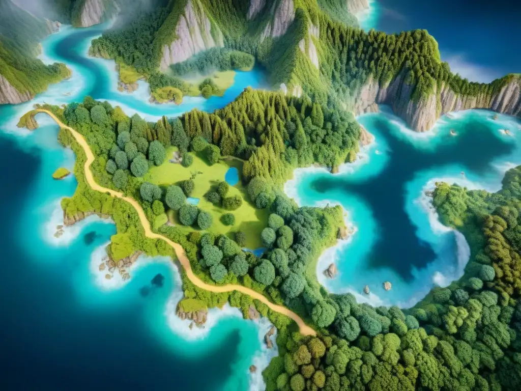 Mapa detallado de un mundo místico lleno de criaturas mágicas Mapa detallado de un mundo místico de fantasía con bosques antiguos, montañas imponentes y ciudades expansivas, habitado por criaturas míticas