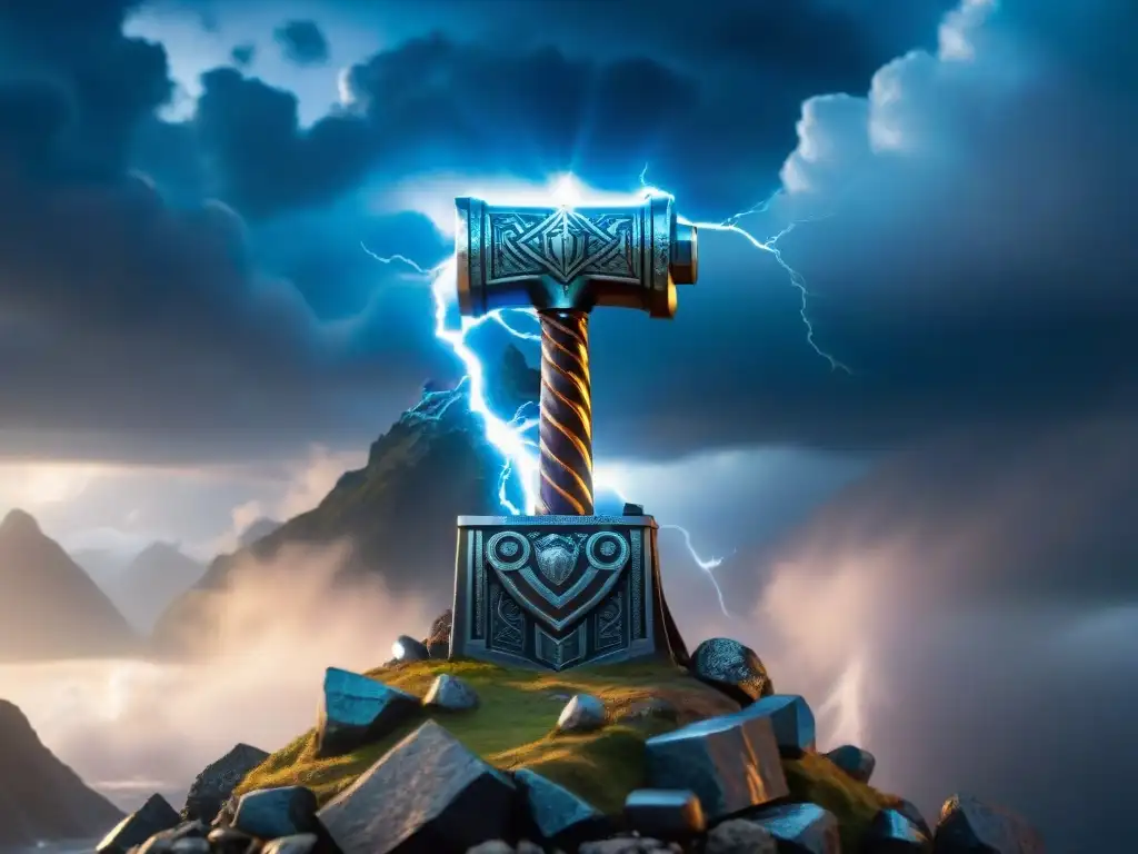 Martillo de Thor: Mjölnir en acantilado rocoso con relámpagos Un martillo poderoso de Thor, Mjölnir, con rayos y símbolos nórdicos, en un acantilado