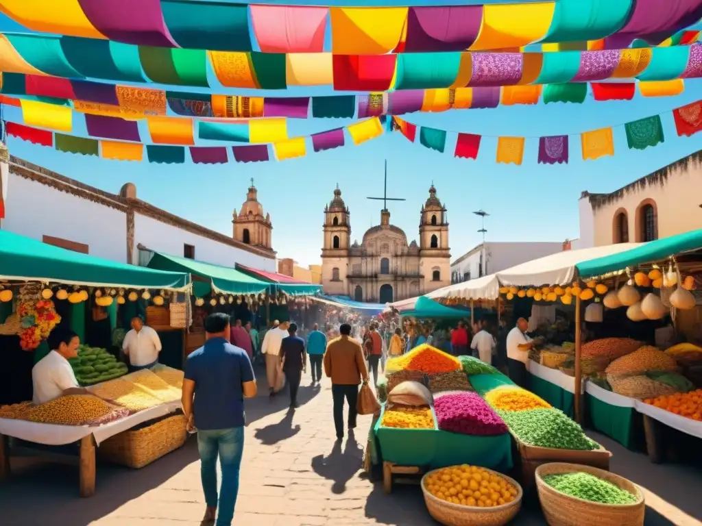 Mercado mexicano vibrante: color, música y tradición Un mercado mexicano vibrante con folklore mexicano en animación