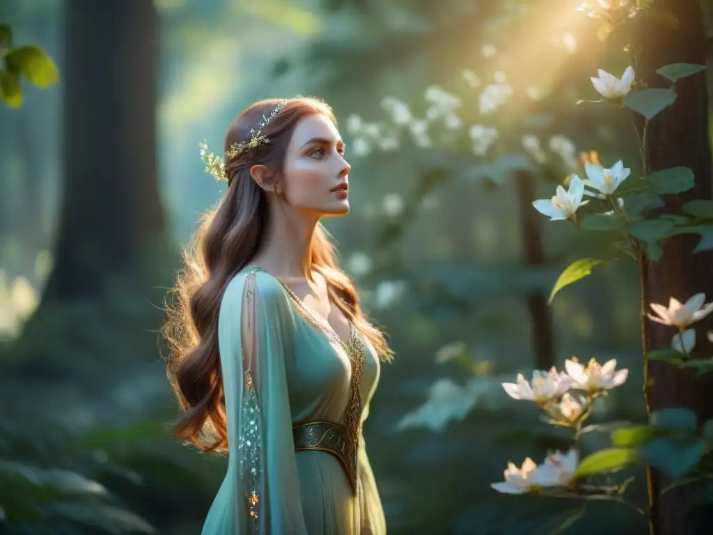 Elfa mística en bosque soleado: belleza etérea y sabiduría en su mirada Una misteriosa y elegante doncella élfica en un claro de bosque iluminado por el sol, con vestiduras brillantes que se funden con la naturaleza