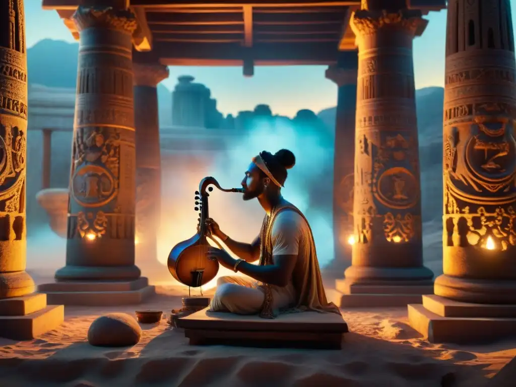 En la mística arqueología, un músico toca un instrumento sobrenatural rodeado de seres etéreos
