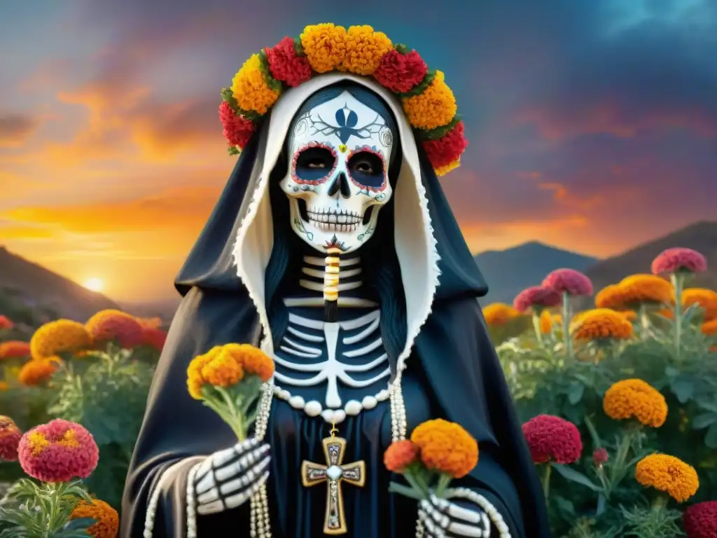 Una representación mística de La Santa Muerte en un jardín vibrante, simbolizando la dualidad de la vida y la muerte en la cultura mexicana