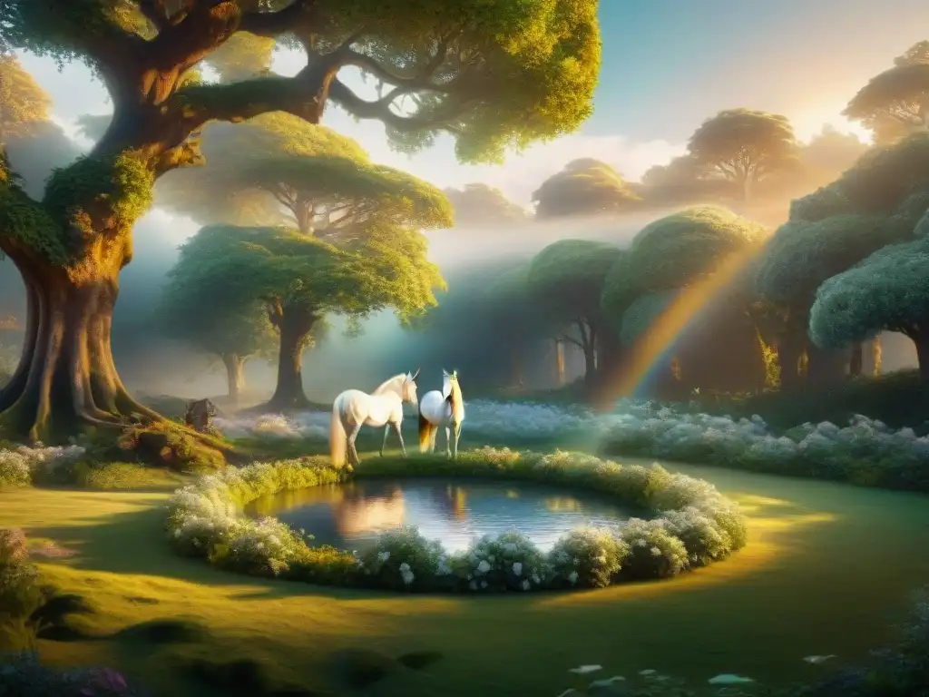 Un místico claro del bosque con un unicornio y hadas danzantes