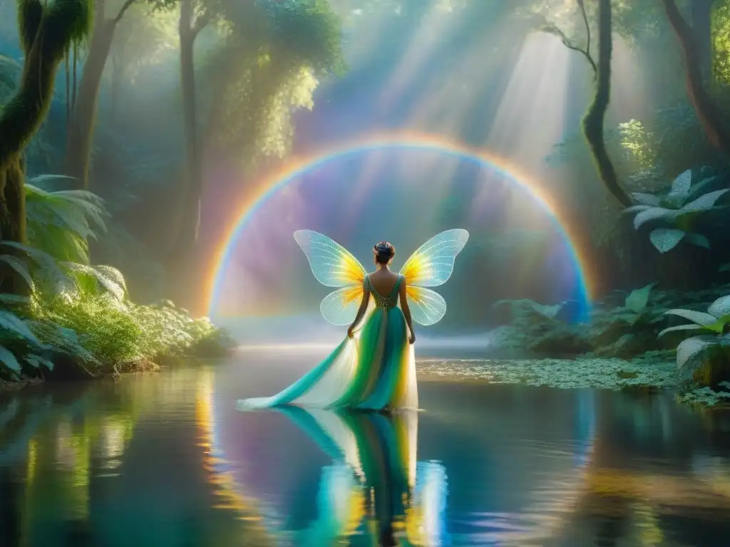 Míticas ninfas danzan en un bosque encantado, sus alas iridiscentes brillan bajo la luz del sol