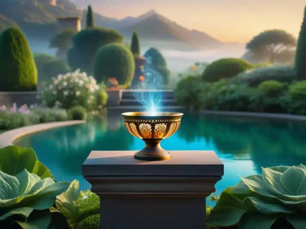 Cáliz persa en jardín místico En un jardín mítico, la Verdad Absoluta Copa Jamshid brilla con luz hipnótica, rodeada de intrincados diseños persas y sombras danzantes