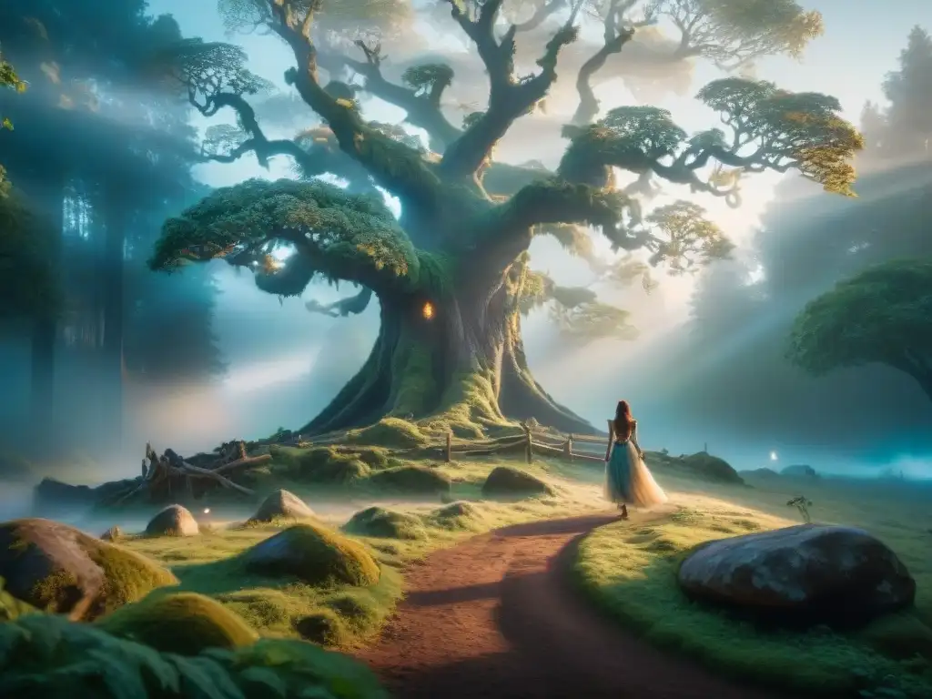 Claro de bosque mágico con seres etéreos y unicornio Fotografía moderna de seres fantásticos en un claro del bosque al atardecer con unicornio y hadas