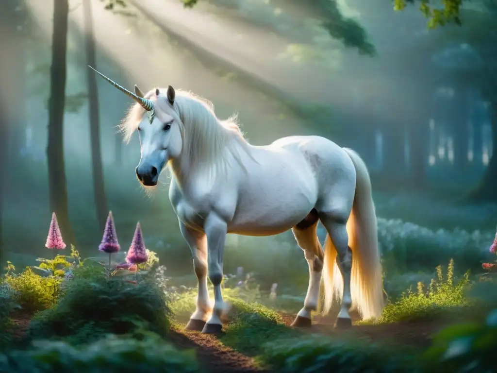 Unicornio mágico en bosque encantado al atardecer Una fotografía moderna de seres fantásticos: un majestuoso unicornio en un bosque místico al anochecer, bañado en luz de luna