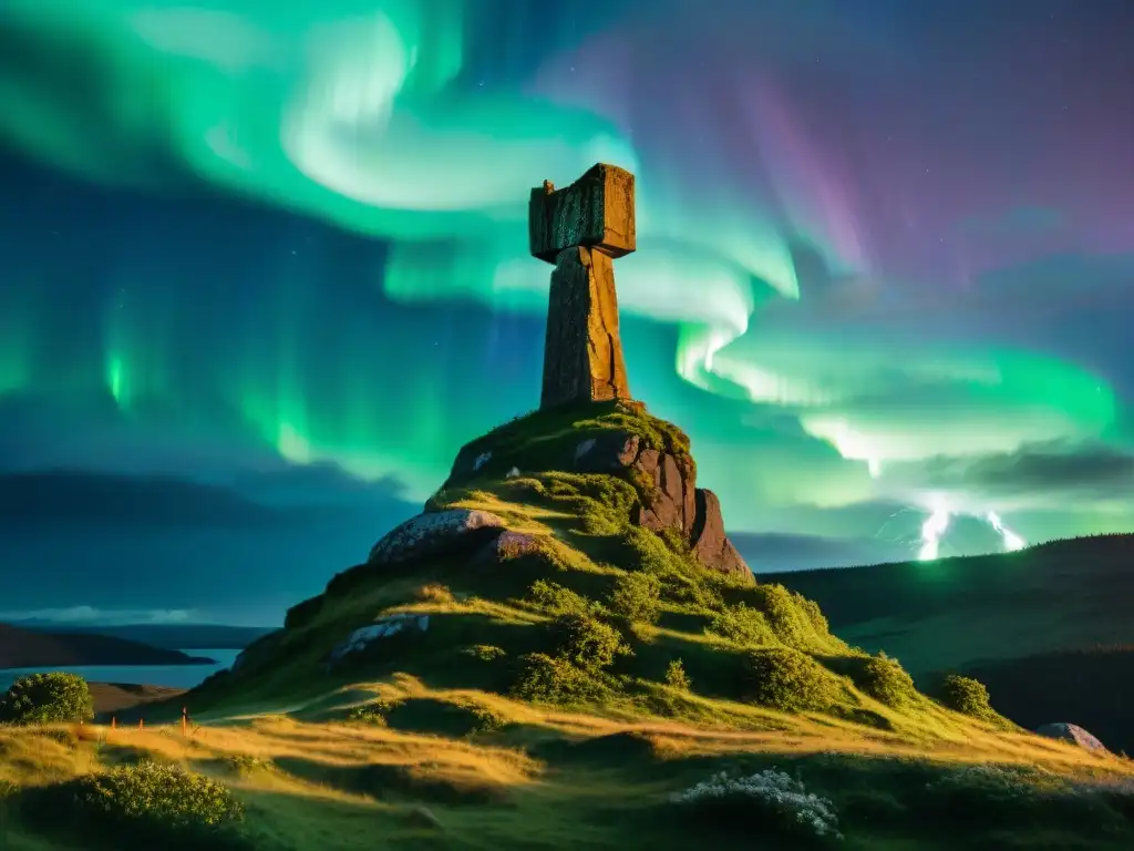 Monumento de Thor: Poder nórdico entre auroras boreales Monumento de Thor en bosque nórdico con auroras boreales