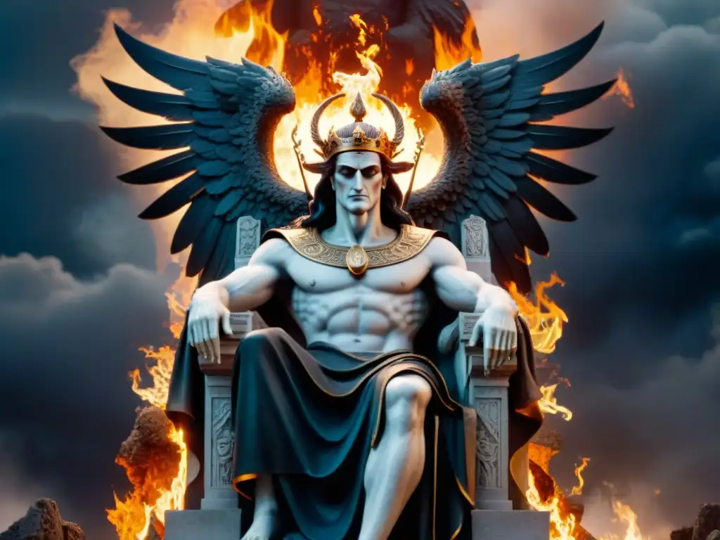 Representación de la muerte en culturas: Hades, dios griego del inframundo, rodeado de espíritus y llamas