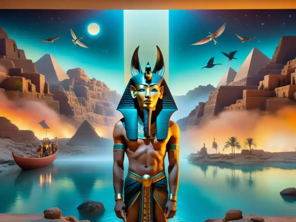 Una representación de la muerte en culturas: mural vibrante que muestra criaturas míticas guiando almas en el más allá