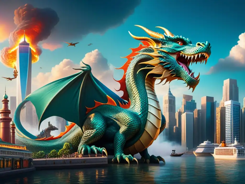 Dragón y serpiente marina en ciudad moderna Un mundo de fantasía donde criaturas antiguas se entrelazan con la modernidad urbana