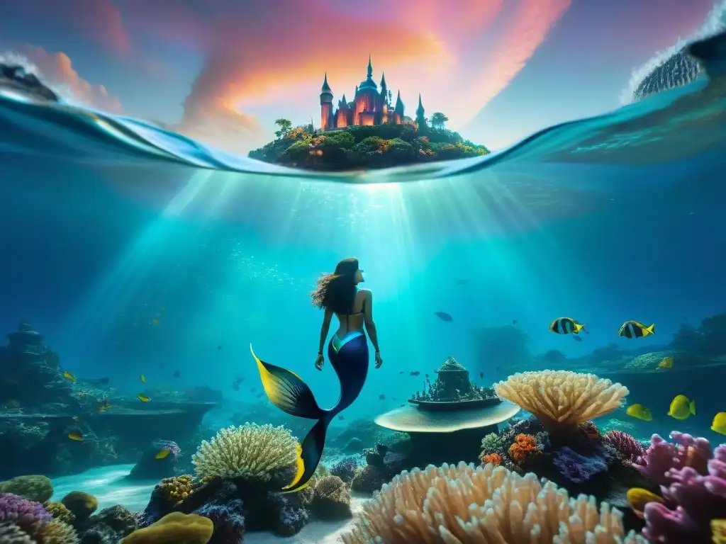 Maravillosa ciudad submarina en planeta distante con seres acuáticos Un mundo submarino alienígena con majestuosas sirenas nadando entre arrecifes de coral, iluminado por criaturas bioluminiscentes
