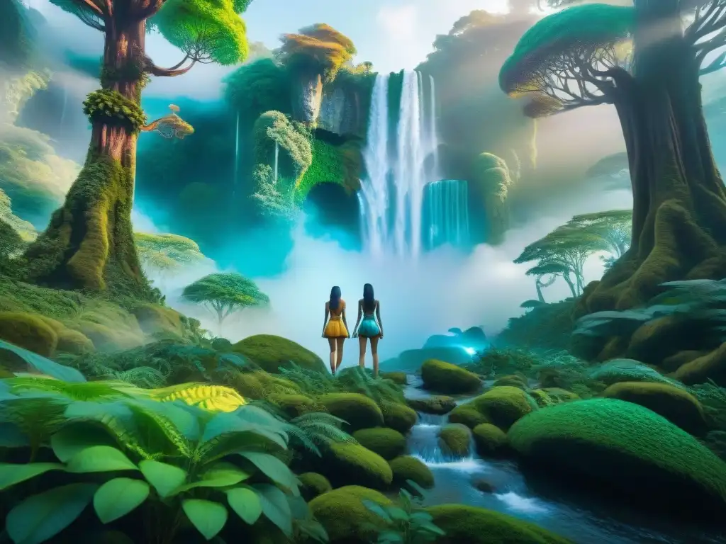Un mundo de videojuego futurista donde ninfas mitológicas conviven en armonía, en un bosque tecnológico con árboles de neón y cataratas digitales