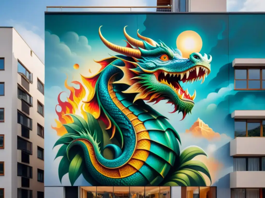 Dragón majestuoso en mural urbano Un mural intrincado de un majestuoso dragón enroscado alrededor de un rascacielos, sus escamas iridiscentes brillan bajo el sol