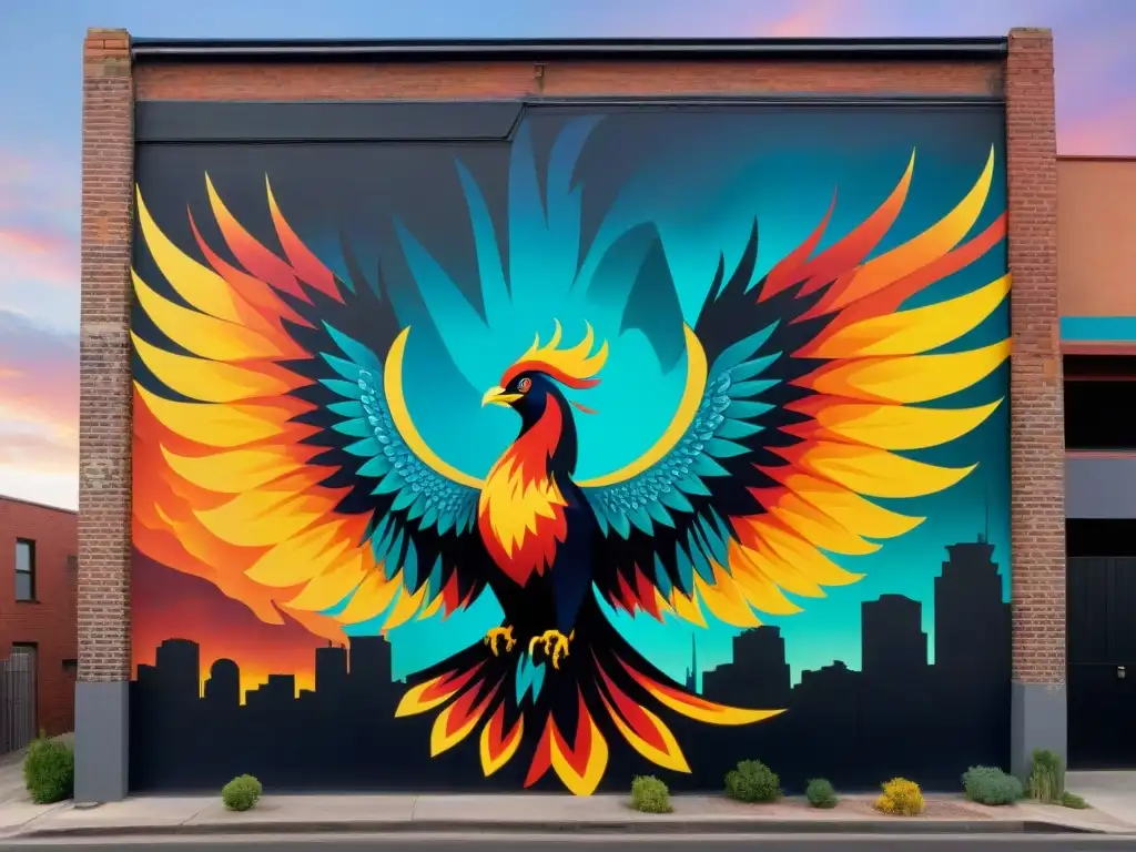 Un mural urbano inspirado en Fénix: el ave majestuosa emerge de las llamas, plumaje vibrante ilumina la ciudad
