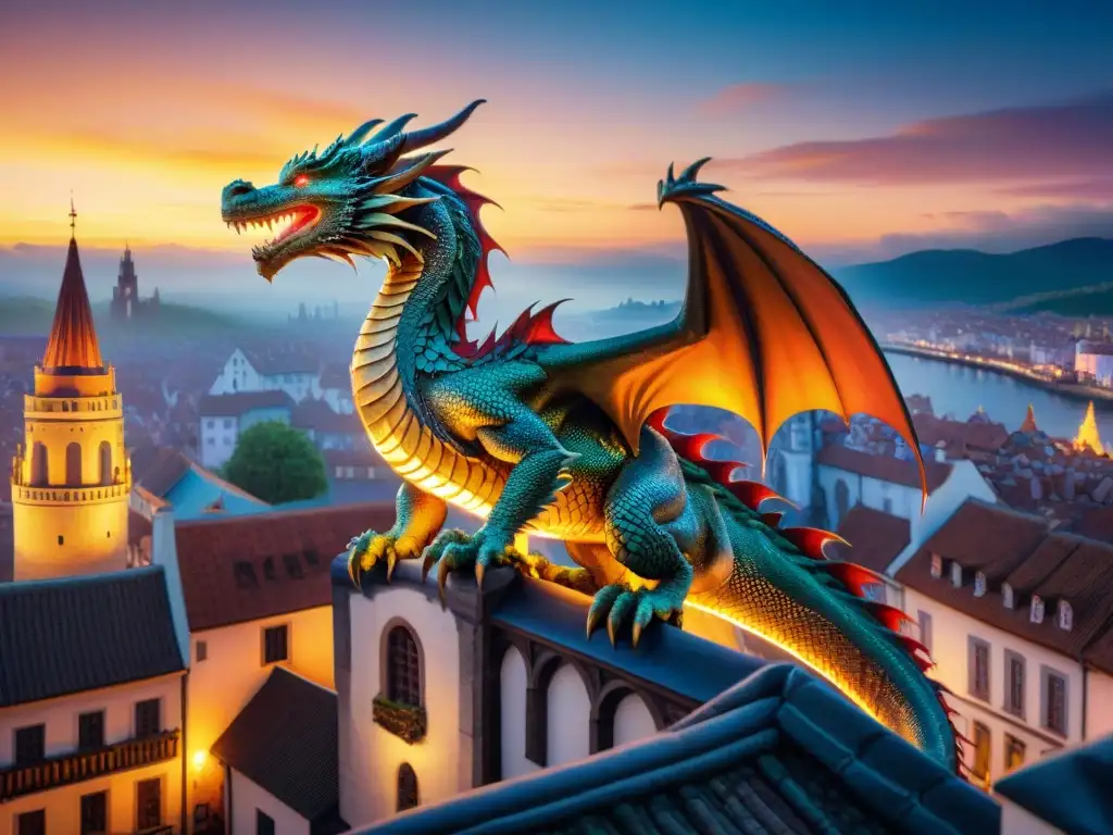 Murales mágicos: Dragón en ciudad fantástica al atardecer Un mural vibrante con un dragón majestuoso surcando un cielo estrellado sobre una ciudad mística al anochecer