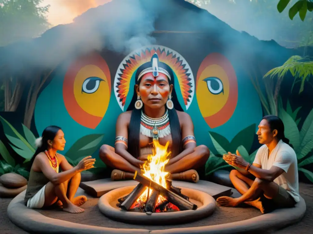 Murales ancestrales: sabiduría y magia de los pueblos originarios Un mural vibrante e intrincado muestra a ancianos indígenas alrededor del fuego, rodeados de naturaleza y seres místicos