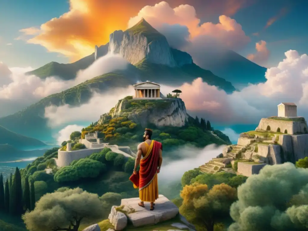 Pintura detallada de dioses griegos en el monte Olimpo Obra de arte reviviendo dioses antiguos en el majestuoso Monte Olimpo