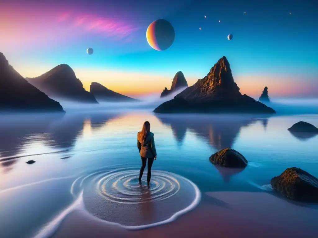 Océano alienígena: seres místicos nadan bajo lunas múltiples Un océano alienígena con sirenas etéreas nadando entre lunas, reflejando colores