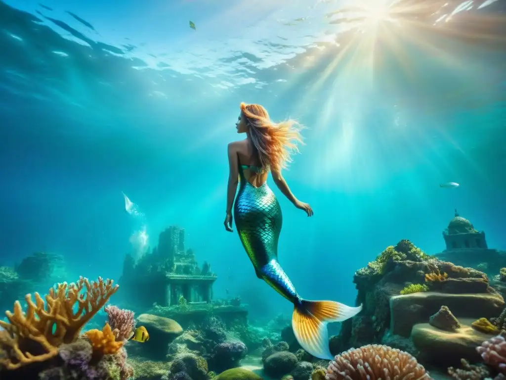 Místicas sirenas entre arrecifes: ilustración detallada y mágica Un paisaje submarino místico con sirenas etéreas entre corales vibrantes