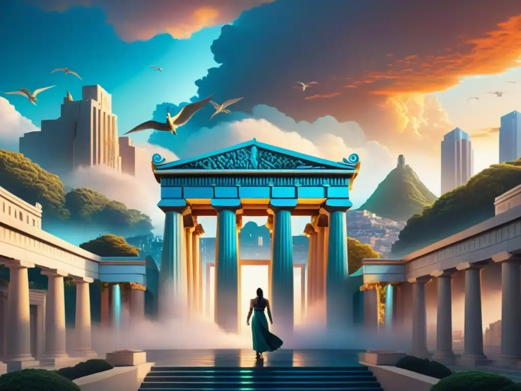 Metropolis Mítica: Fusión Única de Pasado y Presente Un paisaje urbano fusionado con mitología, donde la realidad y la fantasía se entrelazan en una maravilla de realidad aumentada en mitología