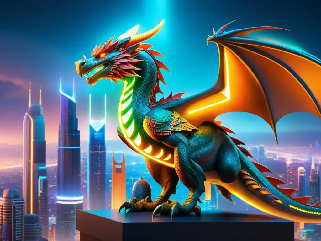 Fantasía mística en la ciudad moderna: dragones y grifos entre rascacielos Un paisaje urbano moderno con criaturas míticas integradas, simbolizando la reinvención de criaturas en el cine moderno