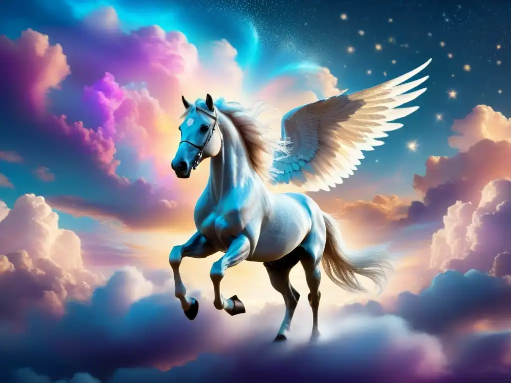 Majestuoso vuelo de Pegaso en un cielo de ensueño Un Pegaso mítico y etéreo surca un cielo vibrante y onírico, entre nubes y estrellas
