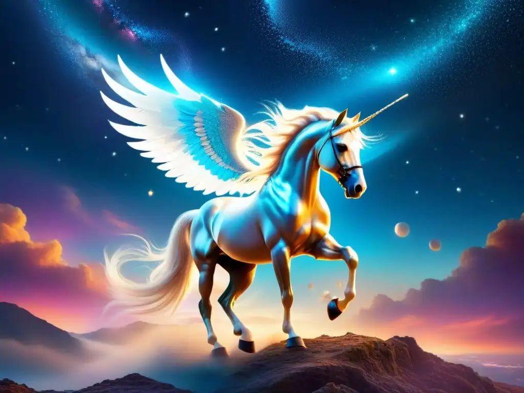 Pegaso alado surca cosmos digitales con majestuosidad Pegaso mito memes redes sociales: Pegaso alado surca un paisaje digital surrealista con galaxias y estrellas neon