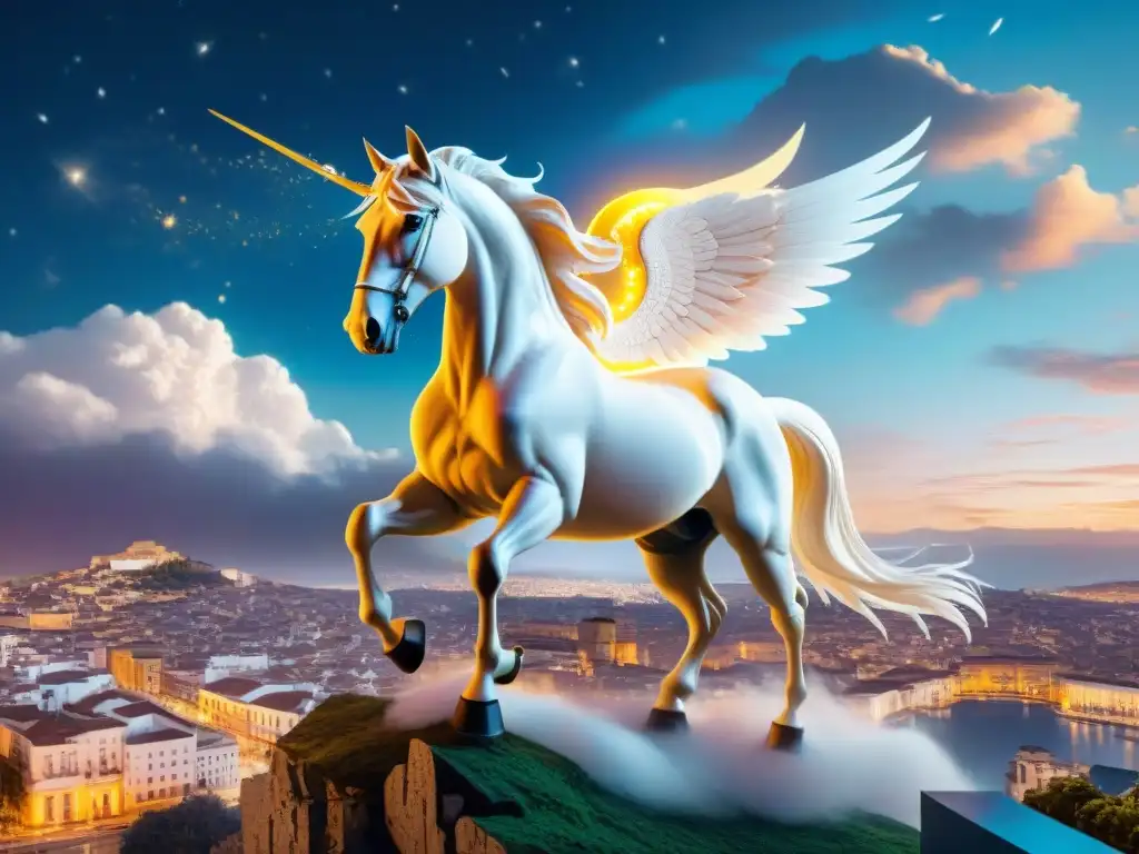 Pegaso al vuelo sobre la ciudad moderna: una ilustración cautivadora Pegaso mito memes redes sociales: Pegaso alado surca cielos, observando ciudad moderna entre nubes y estrellas