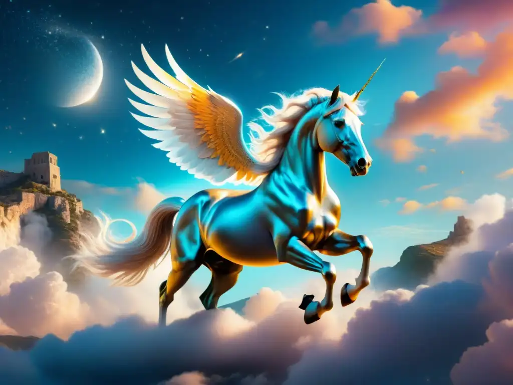Pegaso: majestuosidad en un paisaje celestial Pegaso mito memes redes sociales: Pegaso alado surca un paisaje onírico lleno de estrellas y nubes, con un toque digital