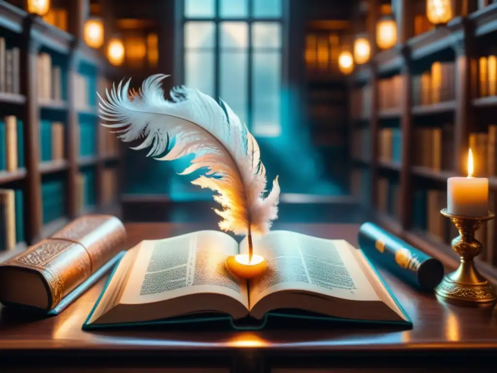 Pluma de plata con símbolos místicos y libro de cuero antiguo iluminados por un orbe mágico
