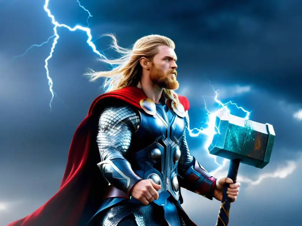 Thor en épica batalla con Mjölnir: ilustración detallada y vibrante Thor desata el poder del Mjölnir en una batalla épica bajo tormenta