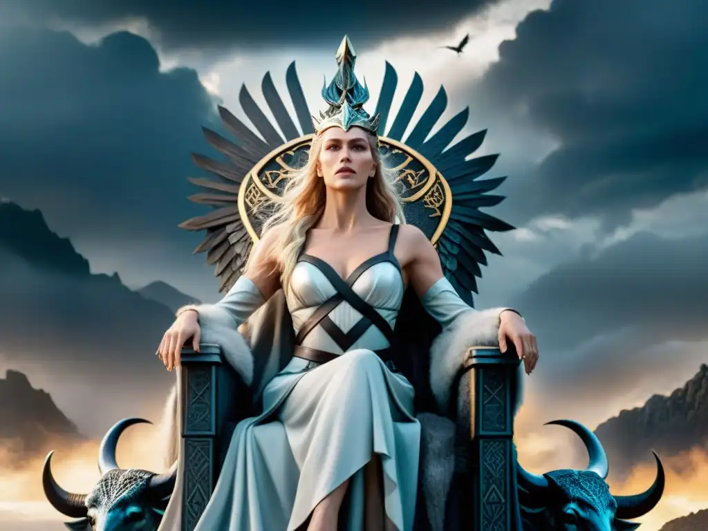 Poderosa representación de la muerte en culturas nórdicas con Hel y valkirias en un paisaje místico