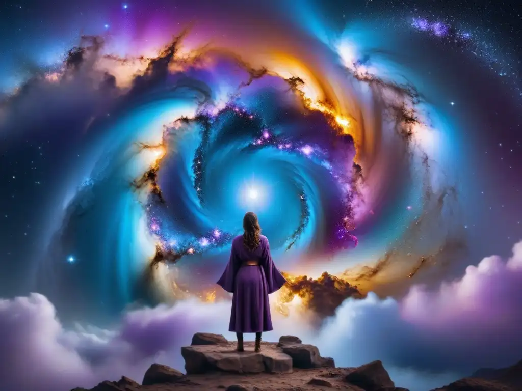 Portal cósmico: descubre la maravilla del universo Portal cuántico en galaxia mística con colores vibrantes y figuras cósmicas, Universo más allá comprensión cuántica