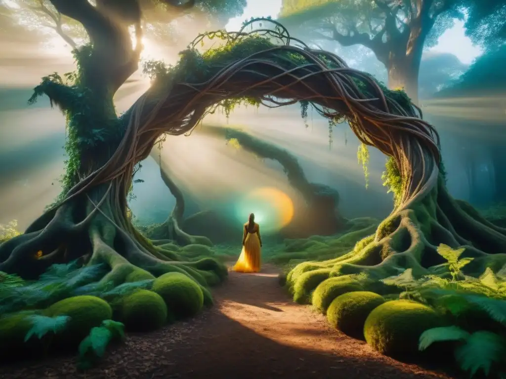 Portal místico en la selva de Hoia Baciu: seres etéreos y misteriosos Portal a otro mundo en el Bosque Hoia Baciu: un portal místico de enredaderas y luces, rodeado de seres etéreos y árboles ancestrales