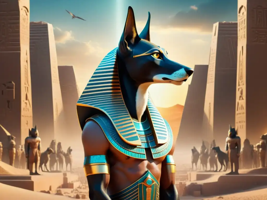 Dios egipcio Anubis en paisaje digital futurista La presencia de los dioses egipcios se fusiona con la era digital en una majestuosa obra de arte digital de Anubis en un paisaje futurista