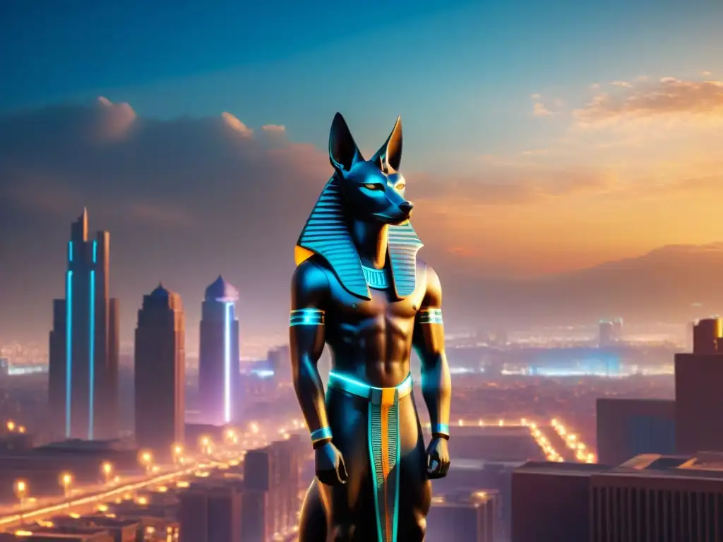 Anubis, dios egipcio moderno, en ciudad digital La presencia de los dioses egipcios en la era digital: Anubis, dios egipcio del Más Allá, en una ciudad futurista