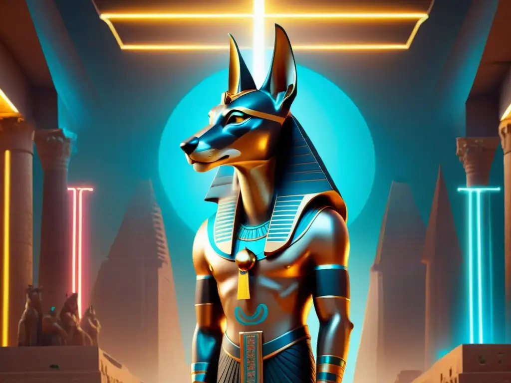 Dios egipcio Anubis en mundo digital futurista La presencia de los dioses egipcios en la era digital: Anubis, el dios del más allá, irradia luz en un reino futurista