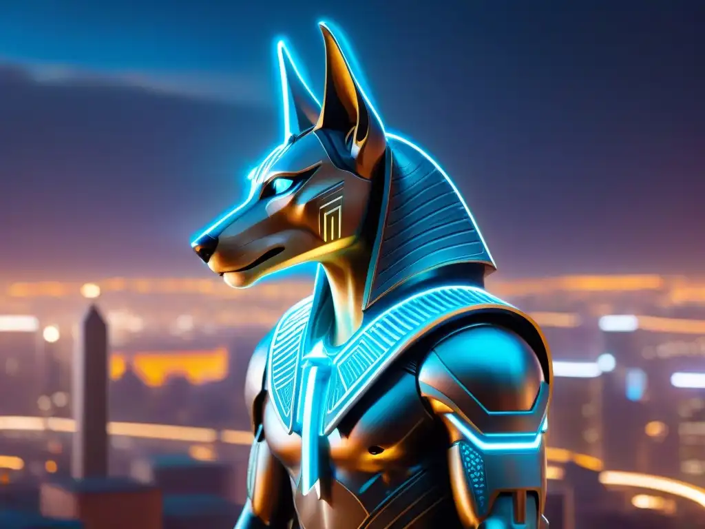 Anubis: Dios de la muerte en cyberpunk futurista La presencia de los dioses egipcios en la era digital cobra vida con Anubis en un escenario cyberpunk futurista, fusionando lo antiguo y lo moderno