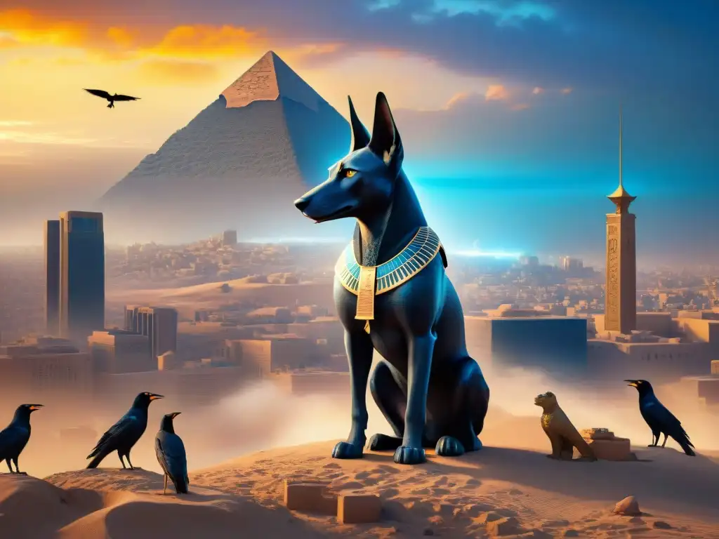 Anubis en la ciudad: dios egipcio en modernidad La presencia de Anubis, dios egipcio, en la era digital: un majestuoso guardián de almas en la ciudad al atardecer