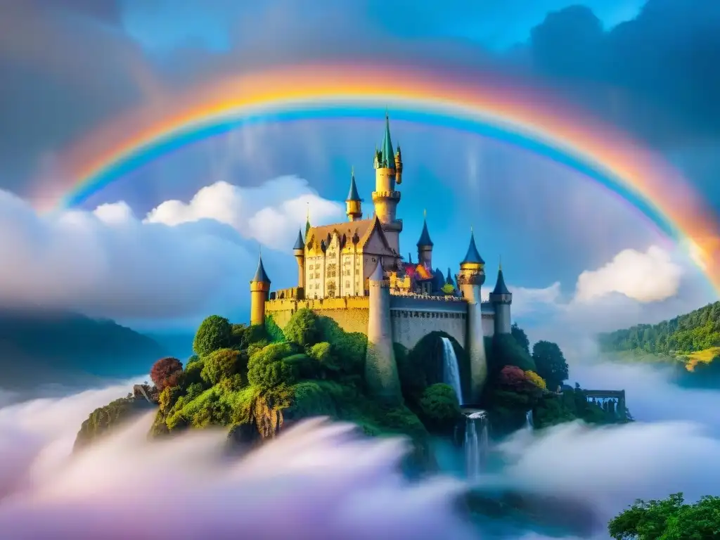Castillo mágico en isla flotante: dragones, unicornios y magia en el cielo Proceso creativo escritura fantasía: Castillo flotante con dragones, unicornios y cascadas en el cielo