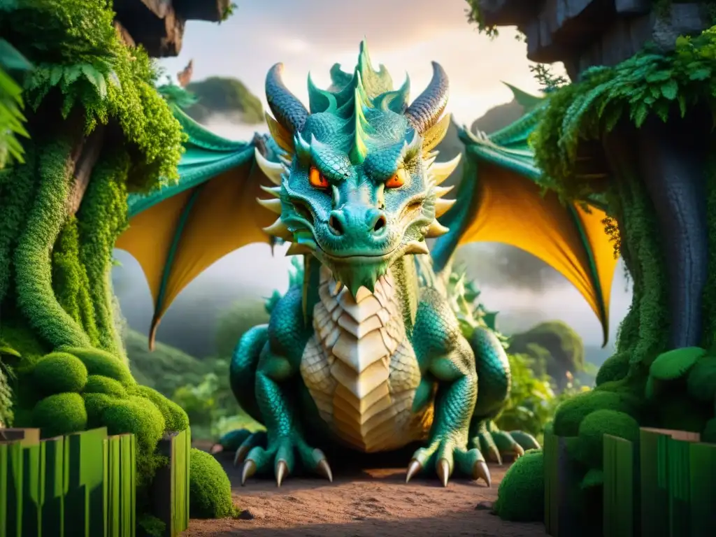 Dragón majestuoso custodia portal de piedra en bosque encantado En lo profundo del bosque encantado, un majestuoso dragón resguarda un portal antiguo, rodeado de símbolos misteriosos