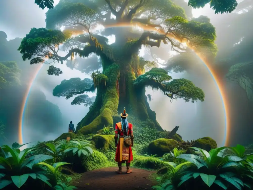 Consejo místico en la selva: sabiduría ancestral y criaturas mágicas En lo profundo de la exuberante selva, ancianos indígenas rodean un árbol majestuoso