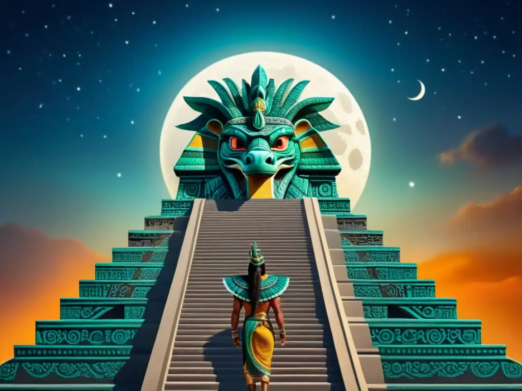 Quetzalcoatl, ser fantástico de la cultura azteca, enredado en pirámide bajo cielo estrellado