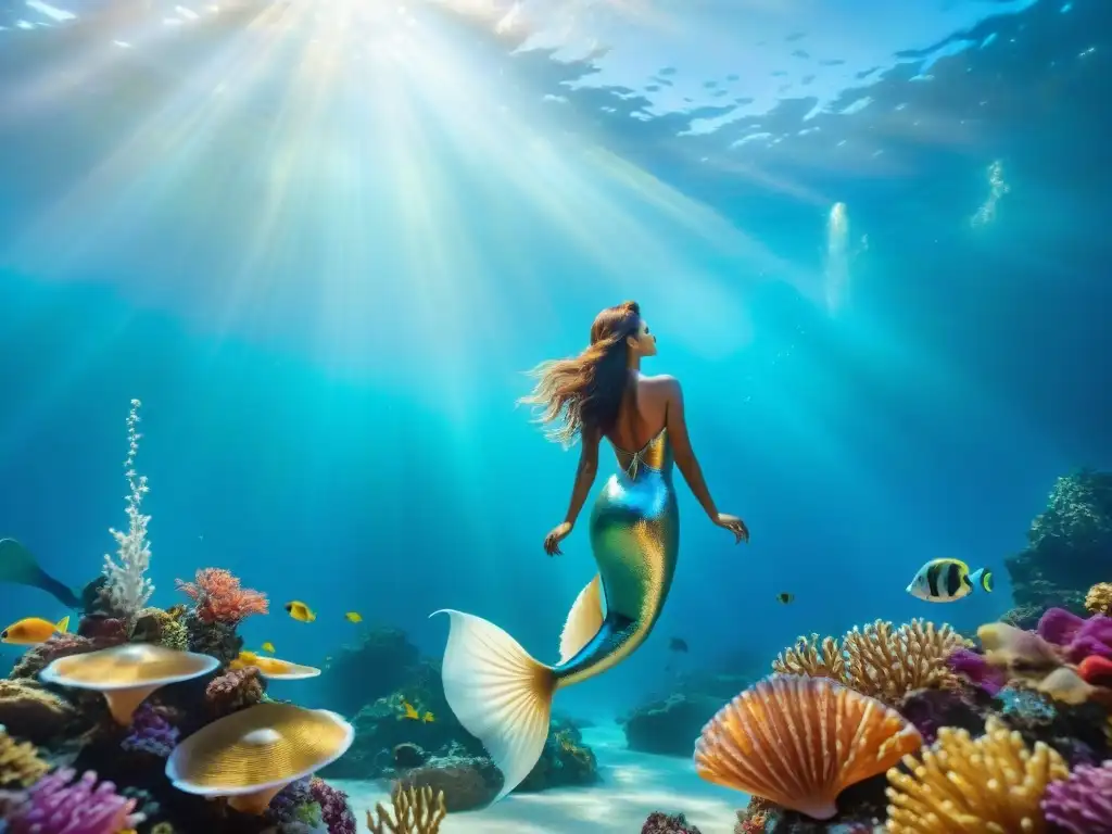 Reino submarino: sirenas, corales y misterio Un reino submarino majestuoso con sirenas y corales vibrantes iluminados por rayos de sol, en un escenario místico