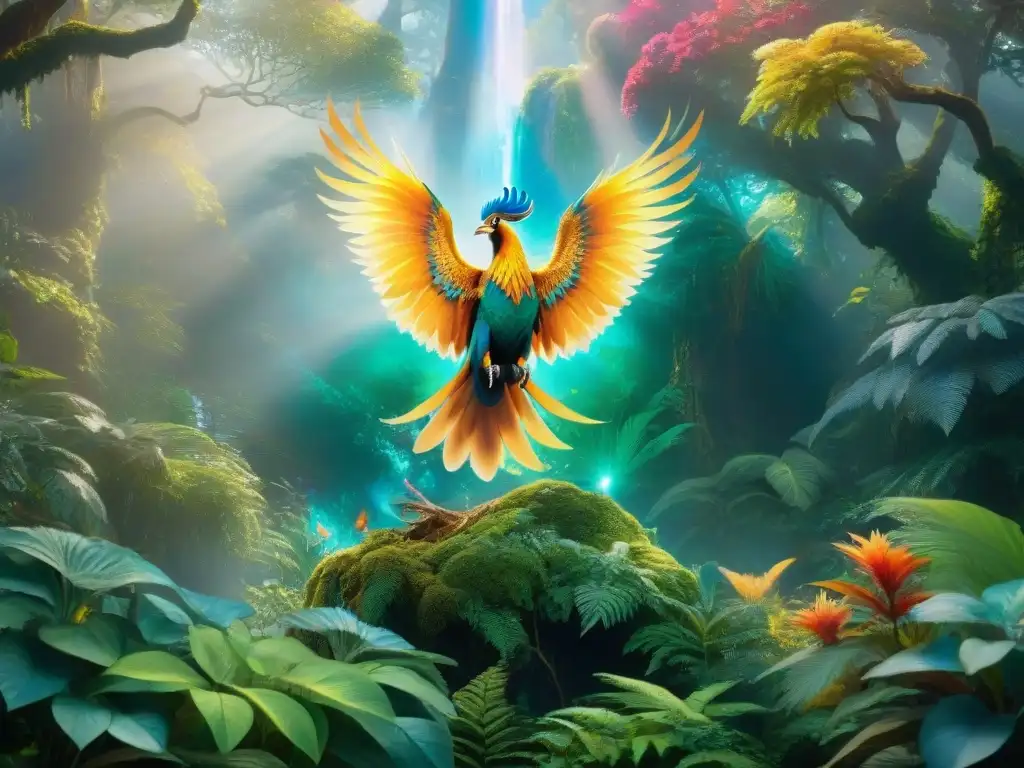 Retiros creativos para estimular: Un bosque místico con un fénix iridiscente, unicornios y dragones, lleno de magia y colorido